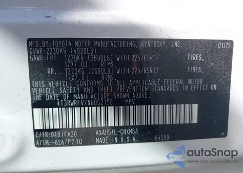 2022 Toyota Rav4 Hybrid Xle из США, поврежденный, VIN 4T3RWRFV7NU052158